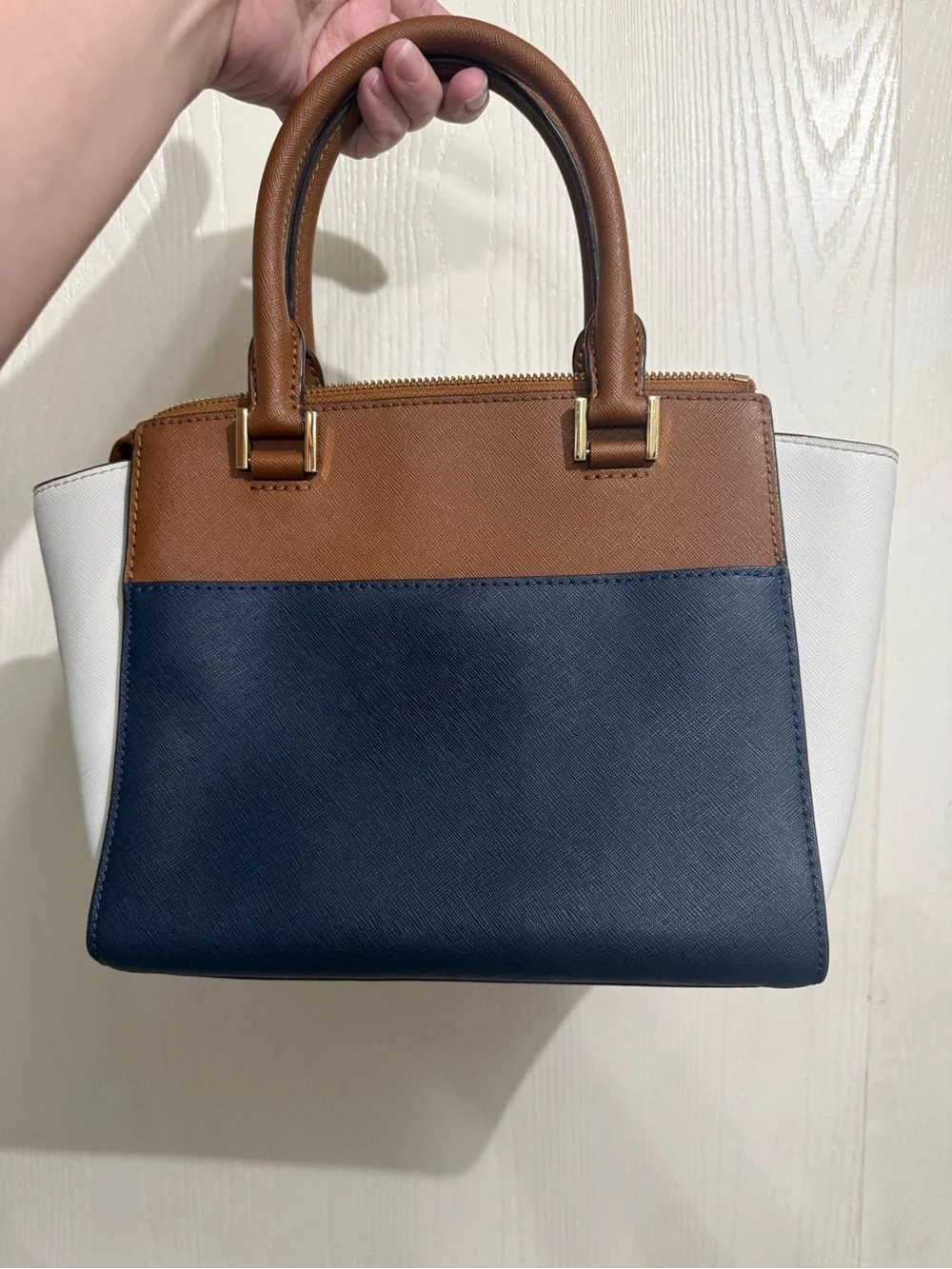 Michael Kors Brown Navy White Leather Satchel with Gold MK Accent
